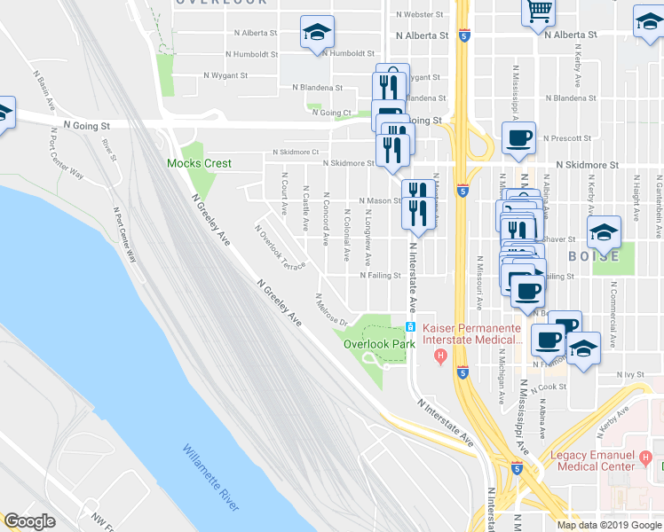 map of restaurants, bars, coffee shops, grocery stores, and more near 3916 North Concord Avenue in Portland