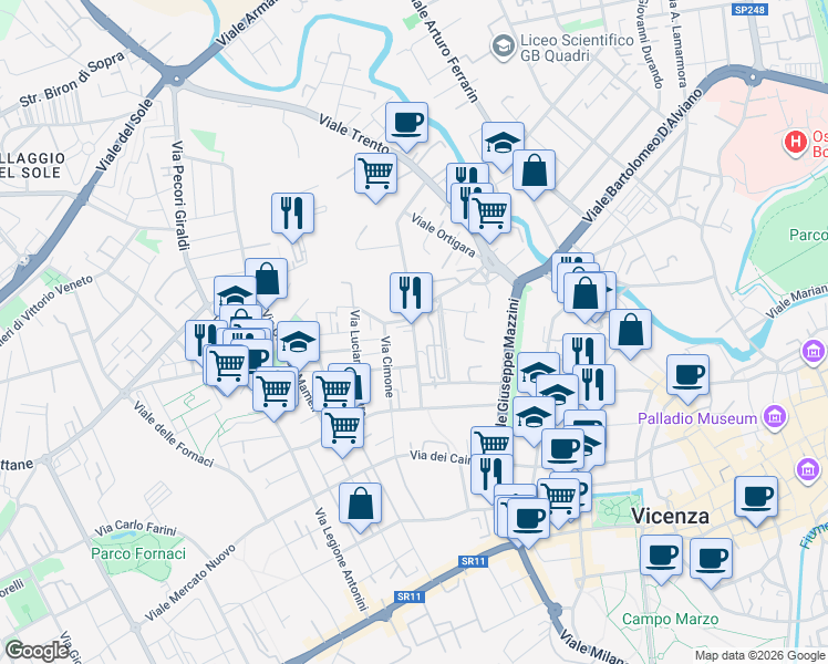 map of restaurants, bars, coffee shops, grocery stores, and more near 47 Via Cengio in Vicenza