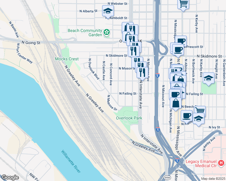 map of restaurants, bars, coffee shops, grocery stores, and more near 3916 North Concord Avenue in Portland