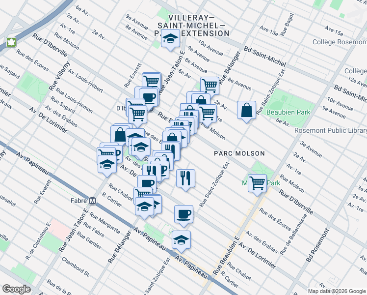 map of restaurants, bars, coffee shops, grocery stores, and more near 2372 Rue Bélanger in Montréal