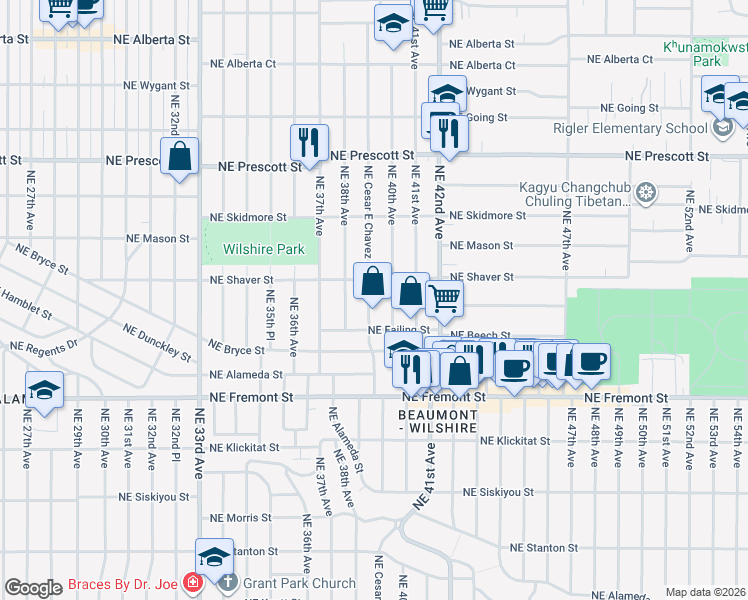 map of restaurants, bars, coffee shops, grocery stores, and more near 3962 Northeast Cesar E Chavez Boulevard in Portland