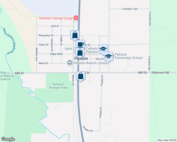 map of restaurants, bars, coffee shops, grocery stores, and more near 45 U.S. 31 in Pellston