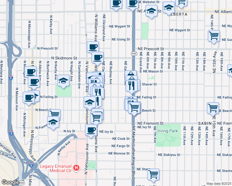 map of restaurants, bars, coffee shops, grocery stores, and more near 3829 Northeast Mallory Avenue in Portland