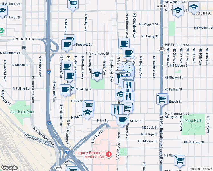 map of restaurants, bars, coffee shops, grocery stores, and more near 3828 North Haight Avenue in Portland