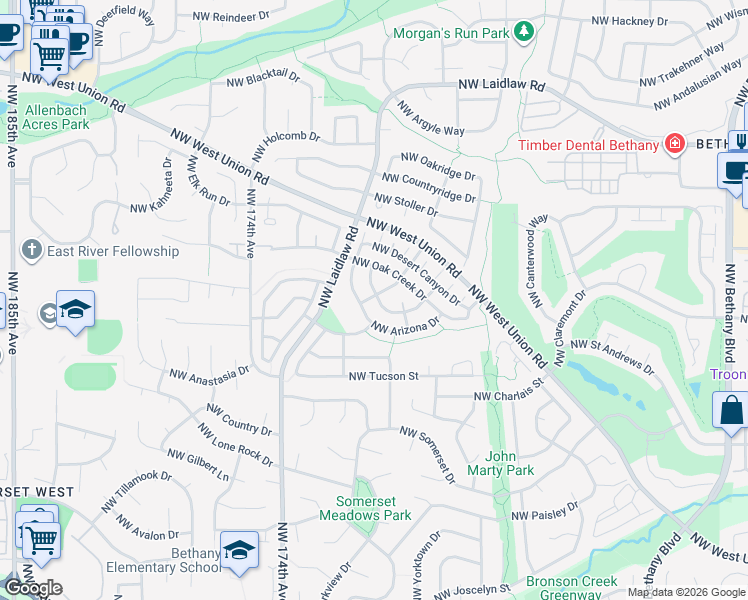 map of restaurants, bars, coffee shops, grocery stores, and more near 16761 Northwest Arizona Drive in Beaverton