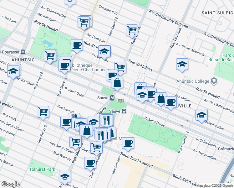 map of restaurants, bars, coffee shops, grocery stores, and more near 500 Rue Sauvé Est in Montréal