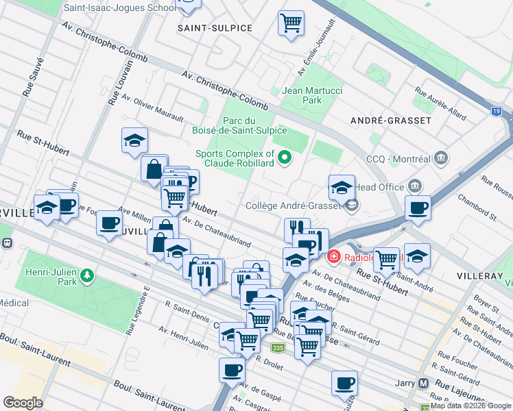 map of restaurants, bars, coffee shops, grocery stores, and more near 8885 Rue Marcel-Cadieux in Montréal