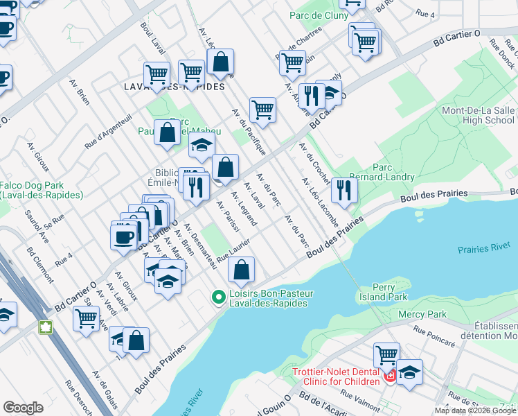 map of restaurants, bars, coffee shops, grocery stores, and more near 74 Avenue Laval in Laval