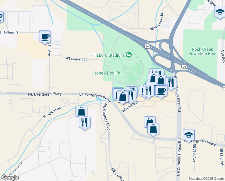 map of restaurants, bars, coffee shops, grocery stores, and more near 4460 Northwest 229th Avenue in Hillsboro