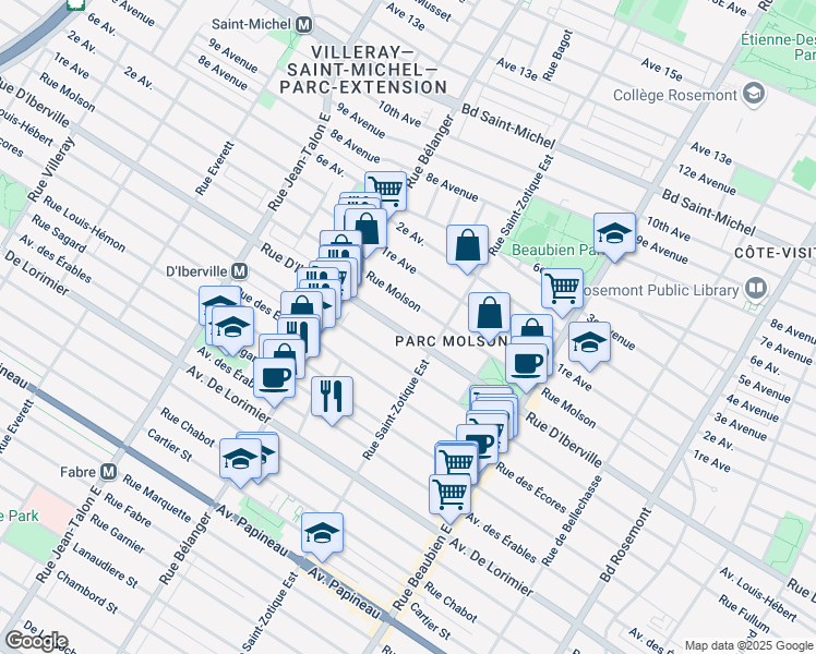 map of restaurants, bars, coffee shops, grocery stores, and more near 6755 A Rue d'Iberville in Montréal