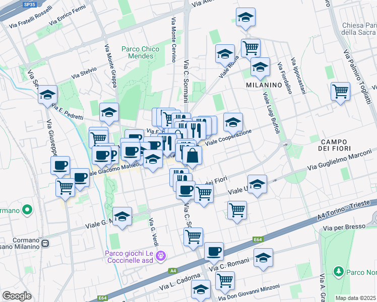 map of restaurants, bars, coffee shops, grocery stores, and more near 43 Via C. Sormani in Cusano Milanino
