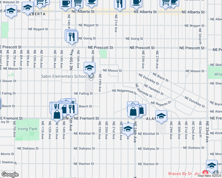 map of restaurants, bars, coffee shops, grocery stores, and more near 2031 Northeast Ridgewood Drive in Portland