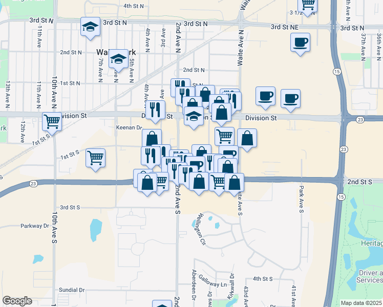 map of restaurants, bars, coffee shops, grocery stores, and more near 145 2nd Street South in Waite Park