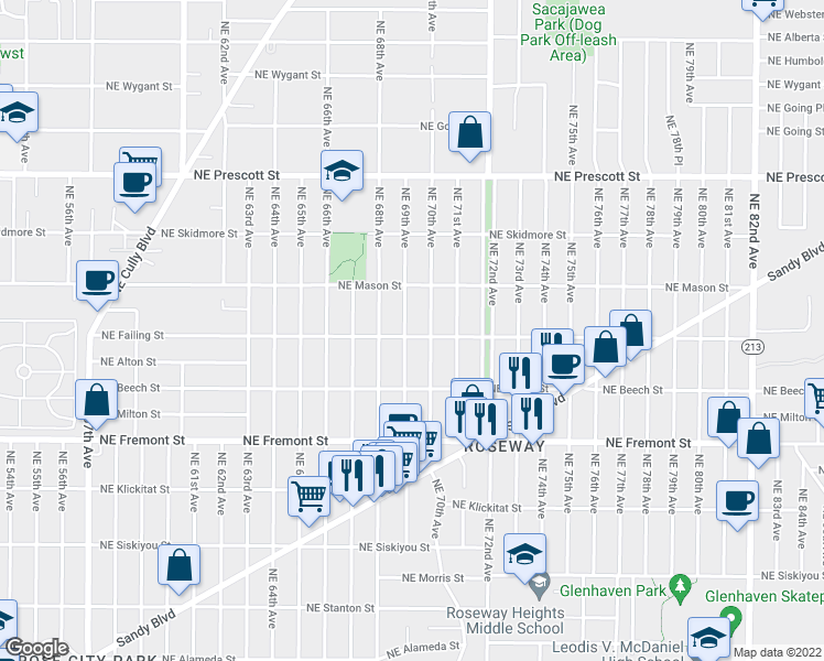 map of restaurants, bars, coffee shops, grocery stores, and more near 3906 Northeast 69th Avenue in Portland