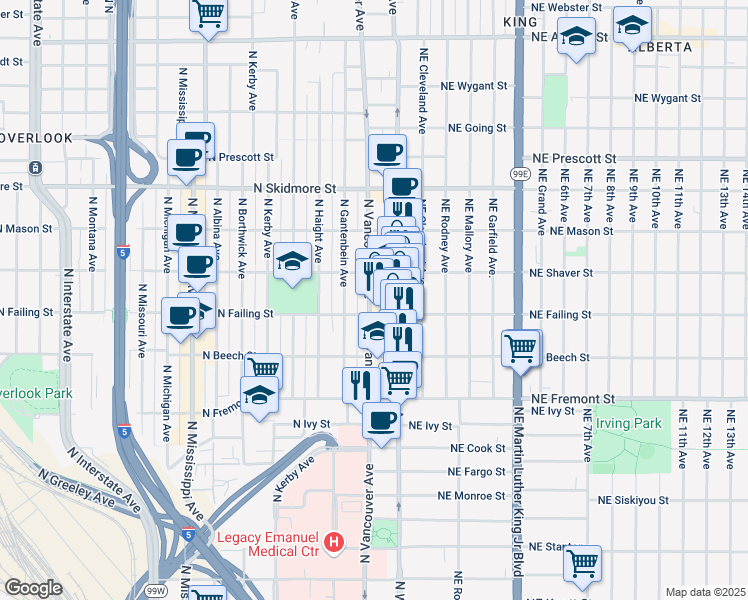 map of restaurants, bars, coffee shops, grocery stores, and more near 3836 North Vancouver Avenue in Portland