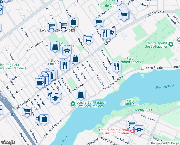map of restaurants, bars, coffee shops, grocery stores, and more near 67 Avenue Laval in Laval