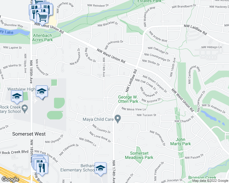 map of restaurants, bars, coffee shops, grocery stores, and more near 17261 Northwest Lapaloma Lane in Beaverton