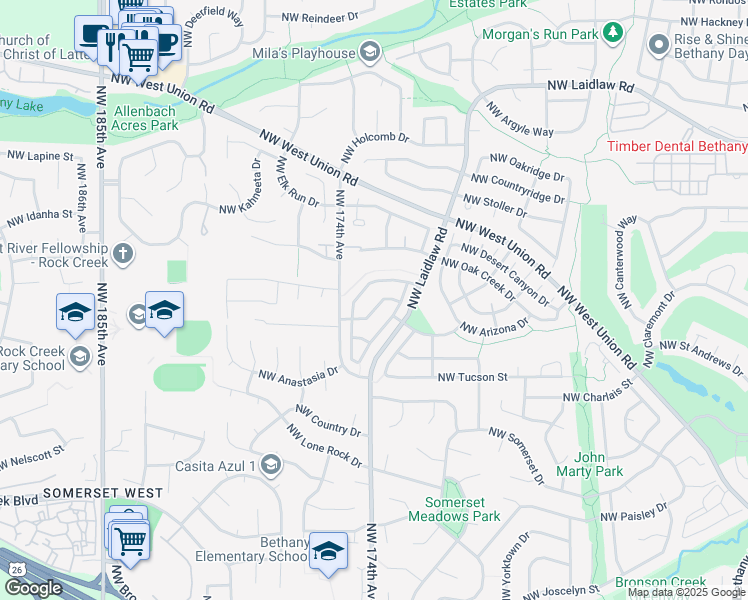 map of restaurants, bars, coffee shops, grocery stores, and more near 17354 Northwest Lapaloma Lane in Beaverton