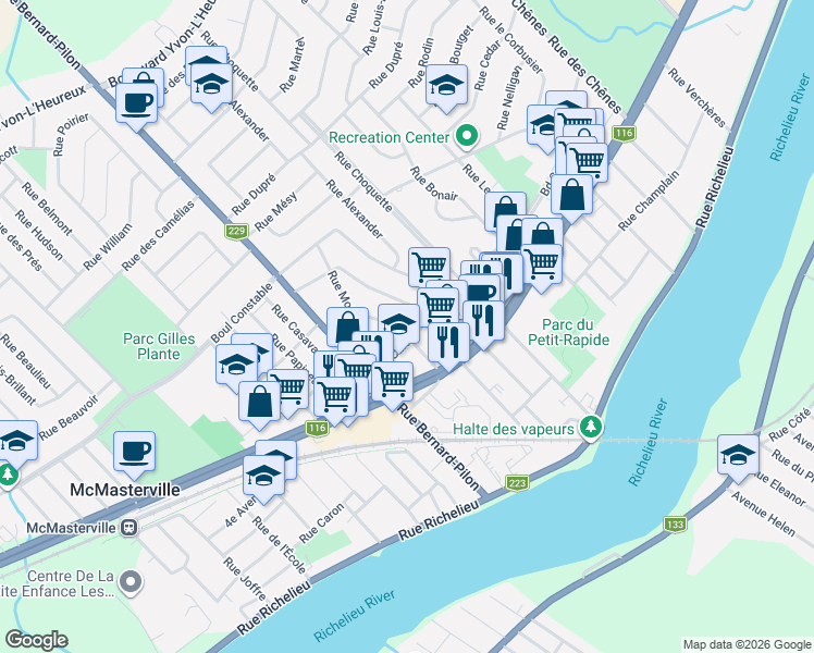 map of restaurants, bars, coffee shops, grocery stores, and more near 65 Boulevard Cartier in Beloeil