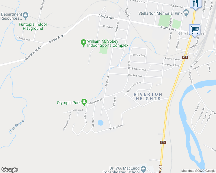map of restaurants, bars, coffee shops, grocery stores, and more near 95 Poplar Street in Stellarton