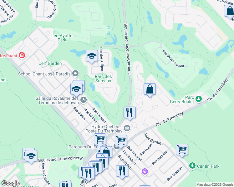 map of restaurants, bars, coffee shops, grocery stores, and more near 2296 Rue des Pervenches in Longueuil