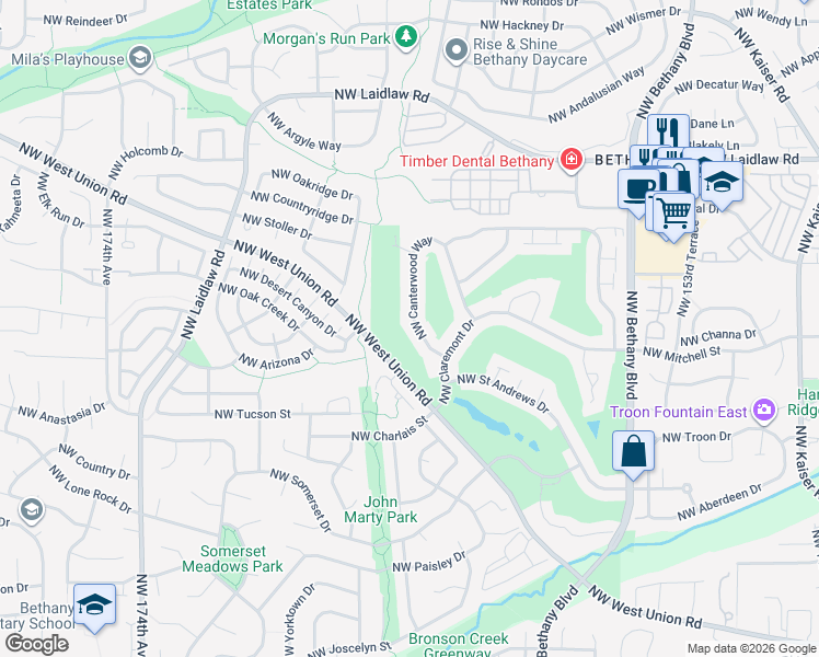 map of restaurants, bars, coffee shops, grocery stores, and more near 16181 Northwest Canterwood Way in Portland