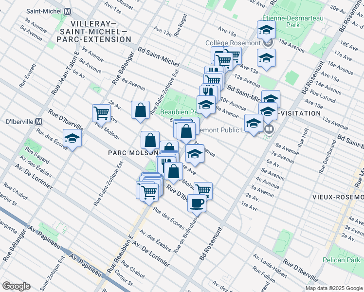 map of restaurants, bars, coffee shops, grocery stores, and more near 2651 Rue Beaubien Est in Montréal