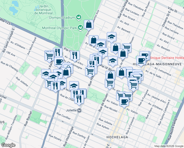 map of restaurants, bars, coffee shops, grocery stores, and more near 2500 Avenue Charlemagne in Montréal