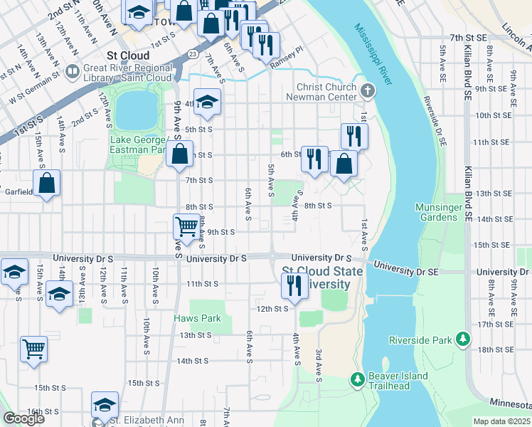 map of restaurants, bars, coffee shops, grocery stores, and more near 805 5th Avenue South in St. Cloud