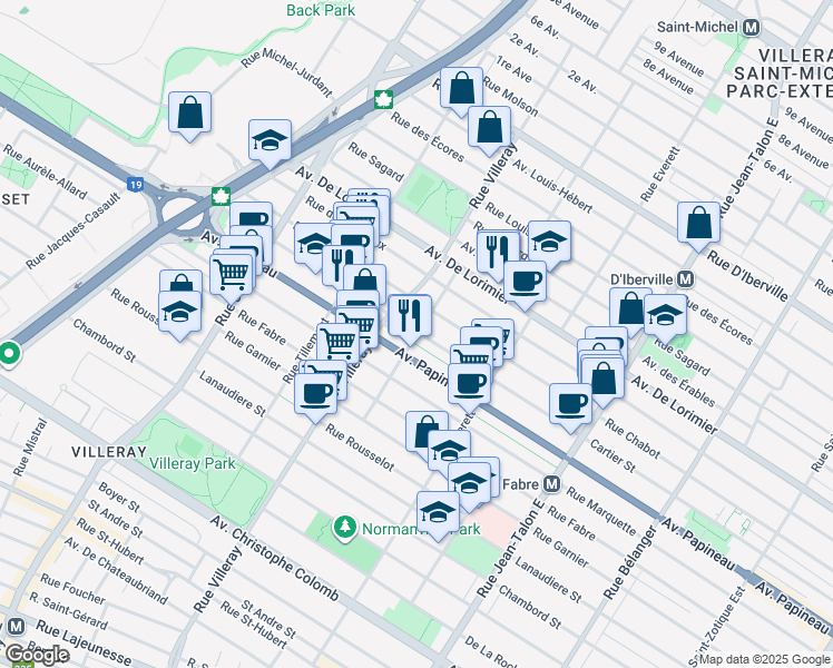 map of restaurants, bars, coffee shops, grocery stores, and more near 1869 Rue L. O. David in Montreal