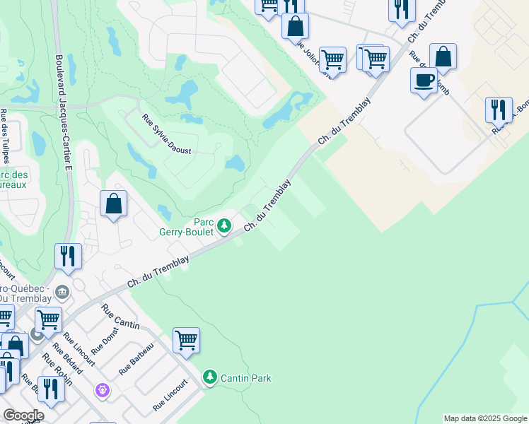 map of restaurants, bars, coffee shops, grocery stores, and more near Chemin du Tremblay in Longueuil