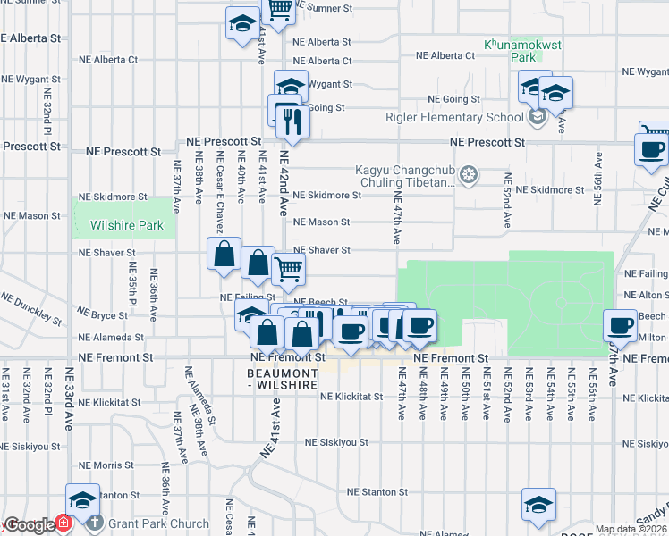 map of restaurants, bars, coffee shops, grocery stores, and more near 4447 Northeast Shaver Street in Portland