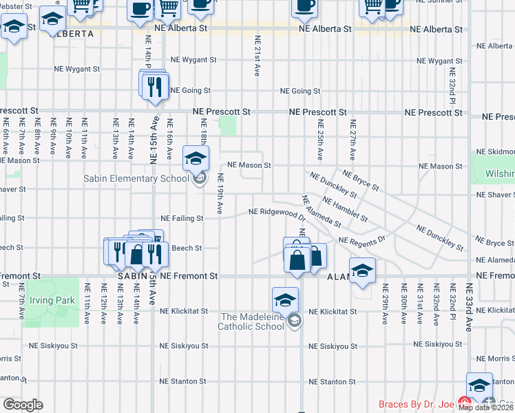 map of restaurants, bars, coffee shops, grocery stores, and more near 2037 Northeast Alameda Street in Portland