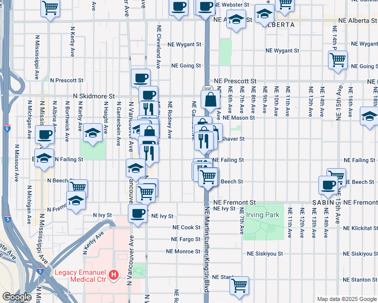 map of restaurants, bars, coffee shops, grocery stores, and more near 304 Northeast Shaver Street in Portland
