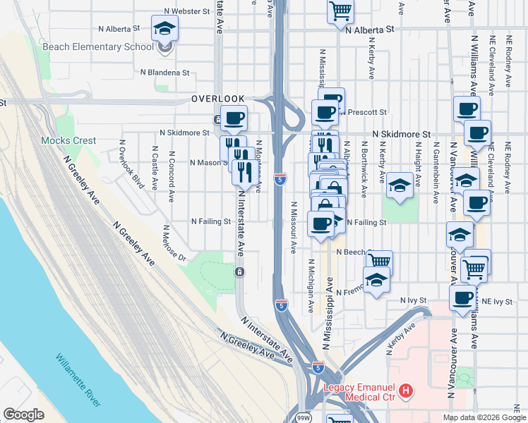 map of restaurants, bars, coffee shops, grocery stores, and more near 1224 North Shaver Street in Portland