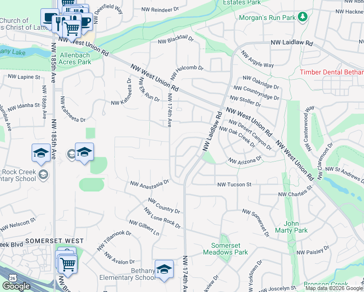 map of restaurants, bars, coffee shops, grocery stores, and more near 17239 Northwest Gold Canyon Lane in Beaverton