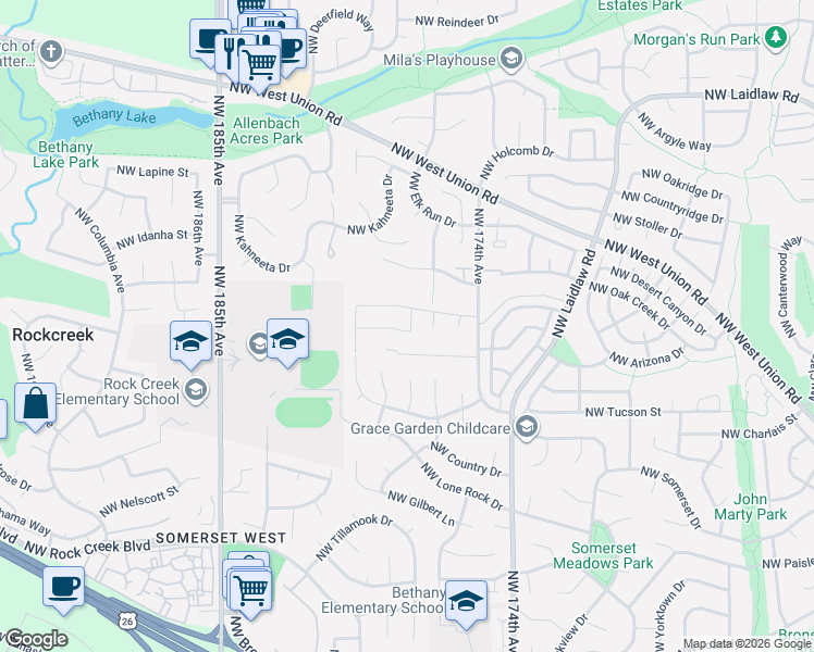 map of restaurants, bars, coffee shops, grocery stores, and more near 17794 Northwest Solano Court in Portland