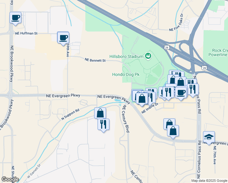 map of restaurants, bars, coffee shops, grocery stores, and more near 6775 Northeast Evergreen Parkway in Hillsboro