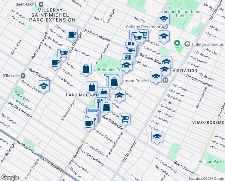 map of restaurants, bars, coffee shops, grocery stores, and more near 2655 Rue Beaubien Est in Montréal