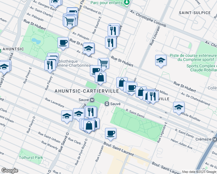 map of restaurants, bars, coffee shops, grocery stores, and more near 9649 Rue Lajeunesse in Montréal