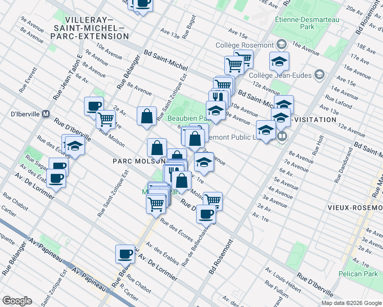 map of restaurants, bars, coffee shops, grocery stores, and more near 2655 Rue Beaubien Est in Montréal