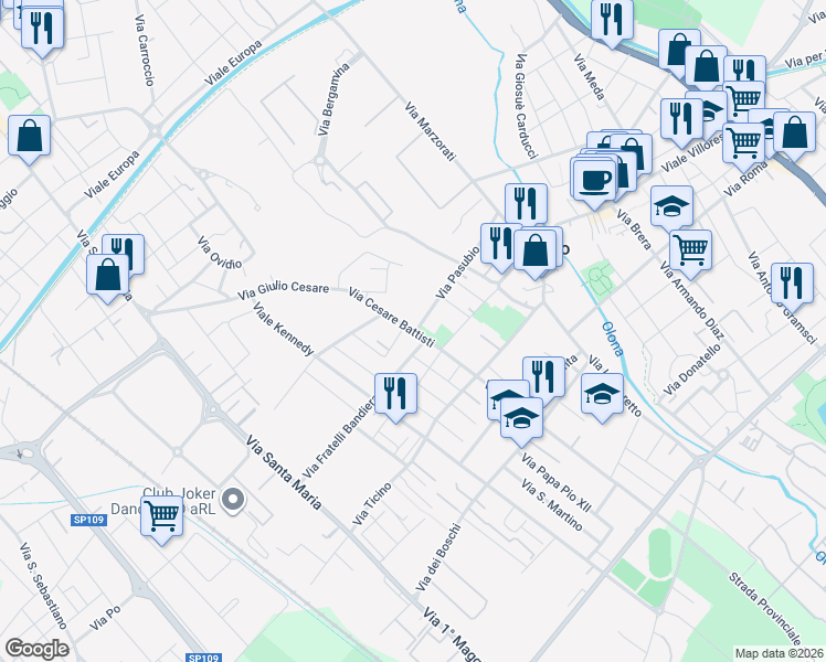 map of restaurants, bars, coffee shops, grocery stores, and more near 20 Via Pasubio in Nerviano