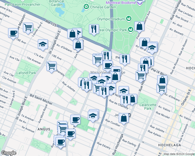 map of restaurants, bars, coffee shops, grocery stores, and more near 3810 Rue Rachel Est in Montréal