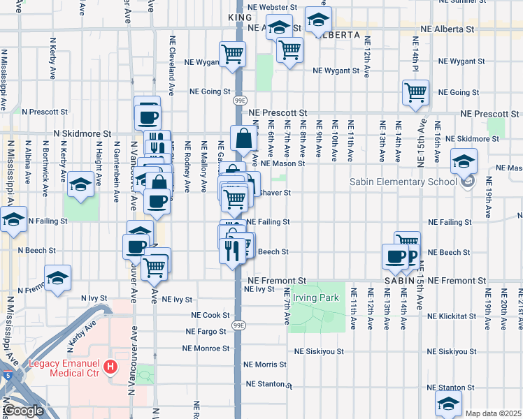 map of restaurants, bars, coffee shops, grocery stores, and more near 3930 Northeast Grand Avenue in Portland
