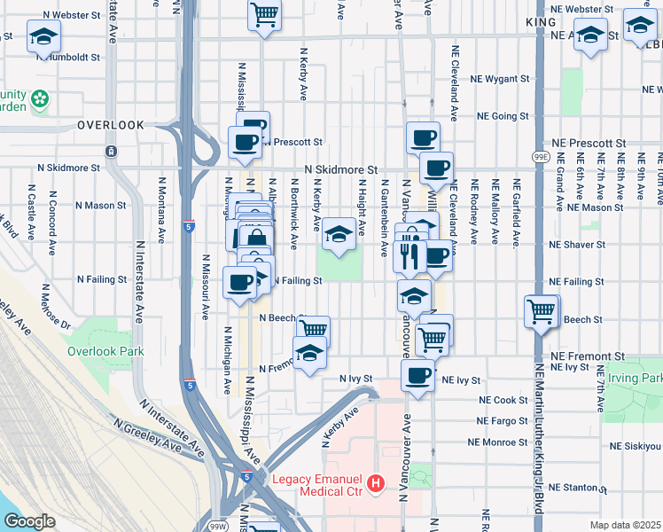 map of restaurants, bars, coffee shops, grocery stores, and more near 3920 North Kerby Avenue in Portland