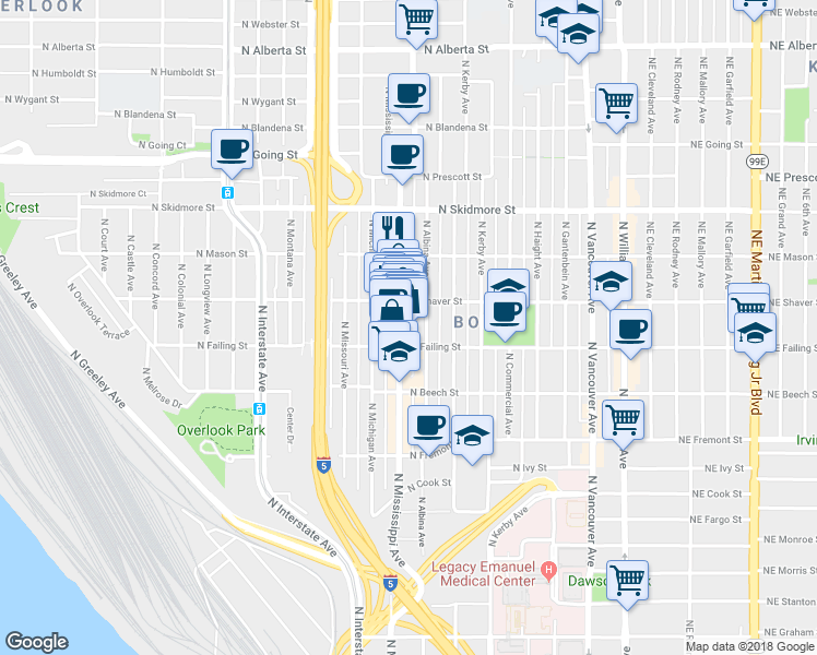 map of restaurants, bars, coffee shops, grocery stores, and more near 3928 North Mississippi Avenue in Portland