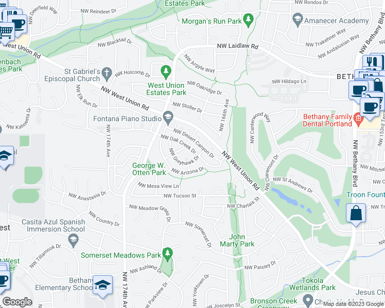 map of restaurants, bars, coffee shops, grocery stores, and more near 16762 Northwest Oak Creek Drive in Beaverton