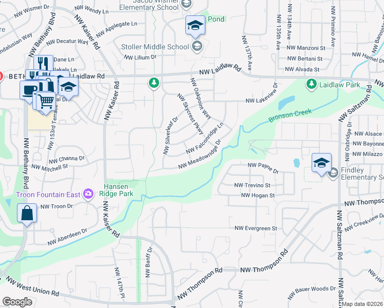 map of restaurants, bars, coffee shops, grocery stores, and more near 14218 Northwest Eagleridge Lane in Portland