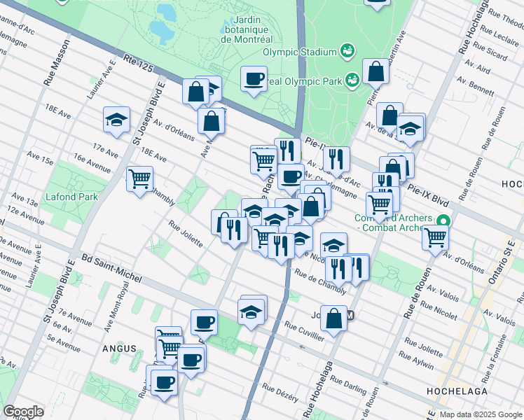 map of restaurants, bars, coffee shops, grocery stores, and more near 3810 Rue Rachel Est in Montréal