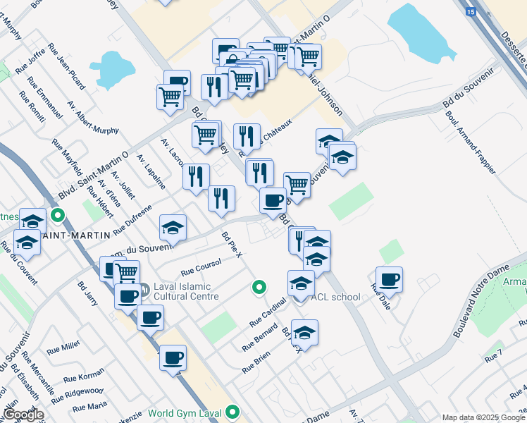 map of restaurants, bars, coffee shops, grocery stores, and more near 1510 Boulevard Chomedey in Laval
